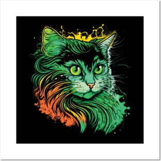 Cat Whimsical Playful Pop Art green Design Posters and Art